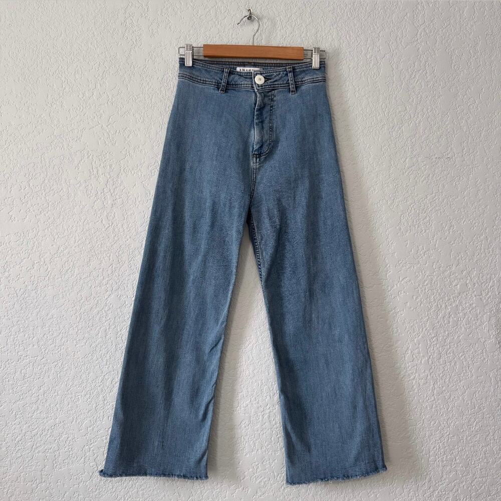 denim co primark cares mid wash blue denim wide leg high waisted jeans size 4